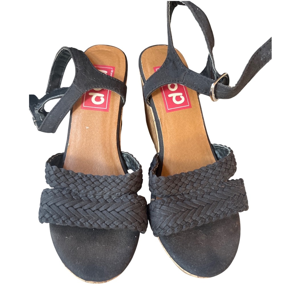 POP Womens Black Woven Braided Cork Wedge Platform Sandals 8M‎ Minimalist 70s